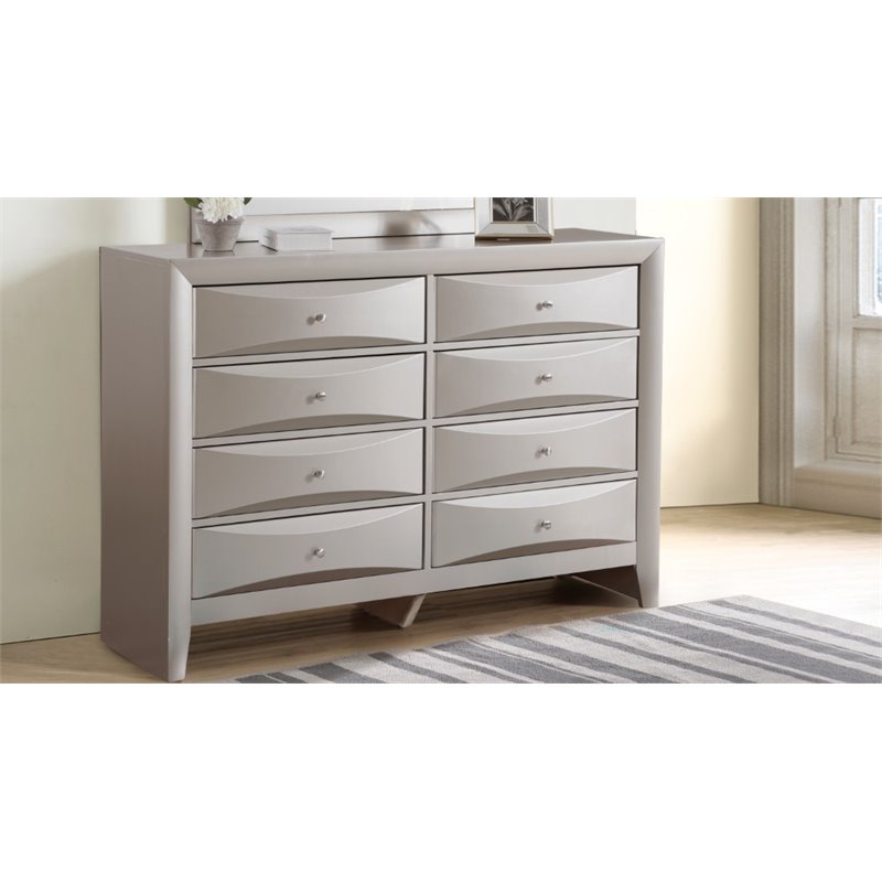 Maklaine Contemporary 8 Drawer Dresser in Silver Champagne Finish