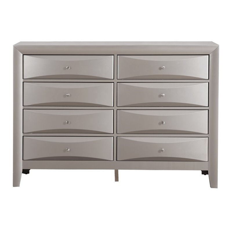 Maklaine Contemporary 8 Drawer Dresser in Silver Champagne Finish