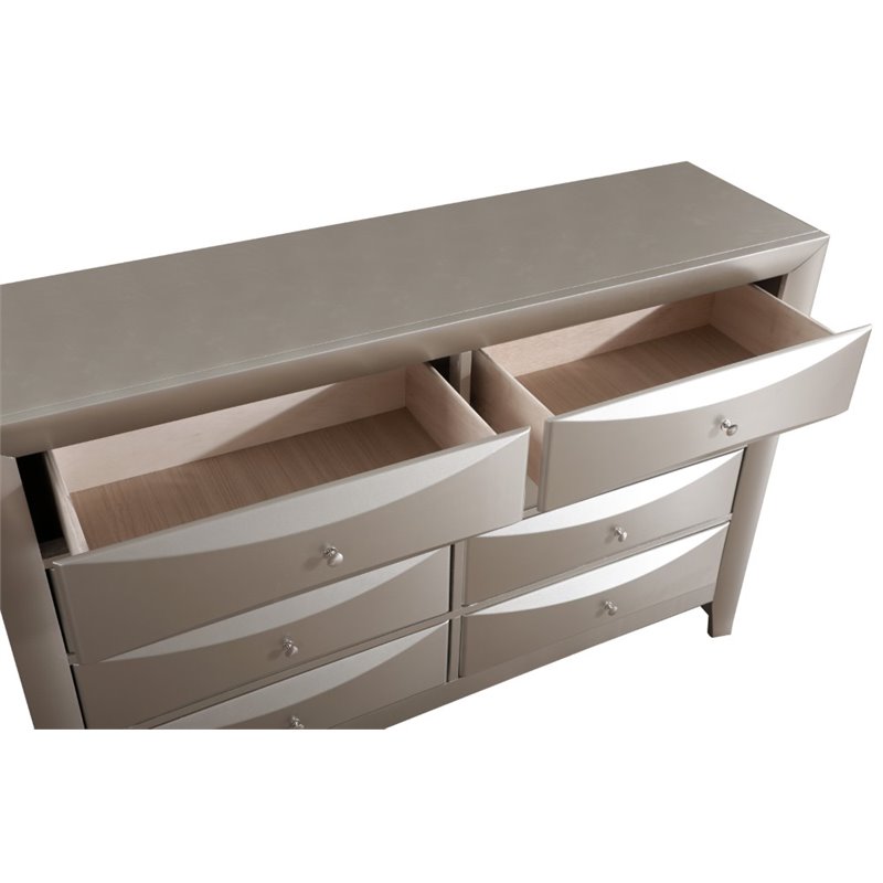 Maklaine Contemporary 8 Drawer Dresser in Silver Champagne Finish
