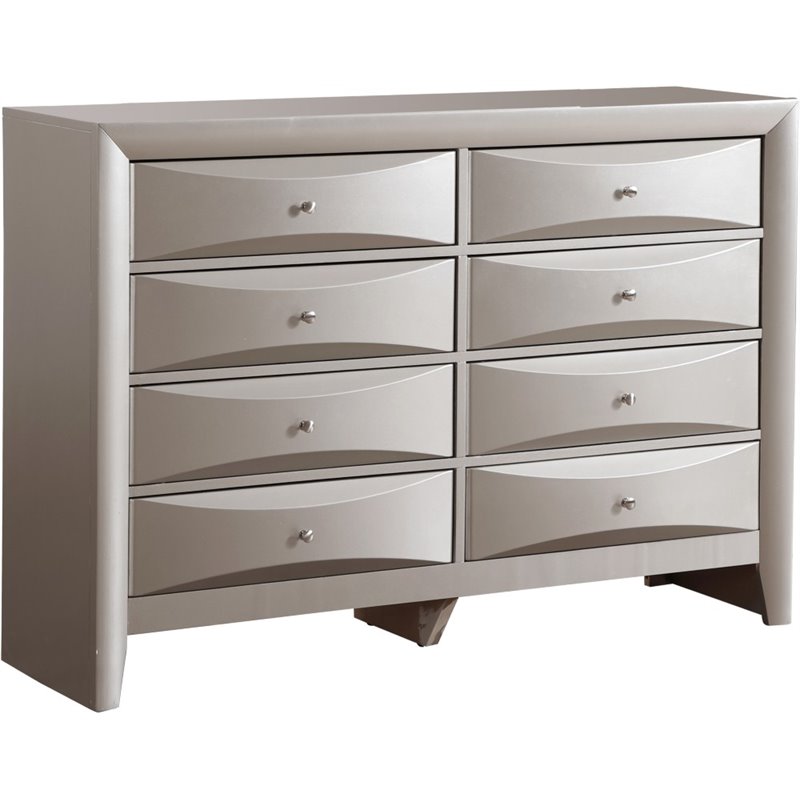Maklaine Contemporary 8 Drawer Dresser in Silver Champagne Finish