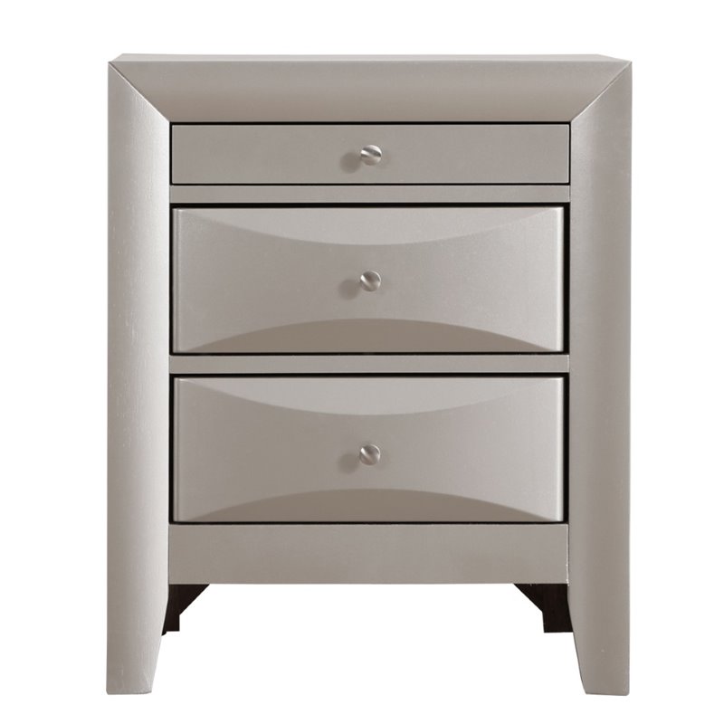 Maklaine Contemporary 3 Drawer Nightstand in Silver Champagne