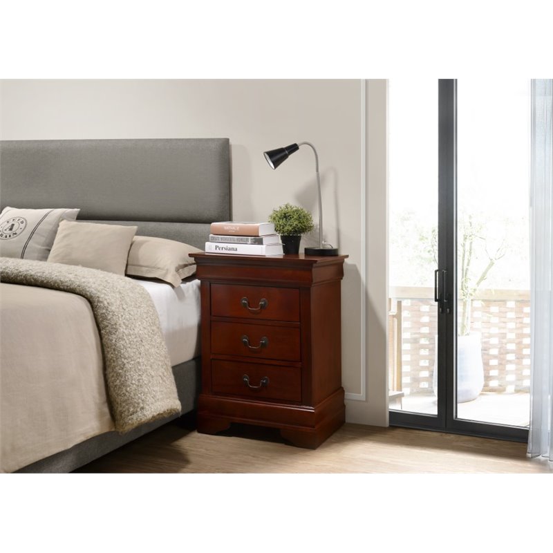 Maklaine Contemporary Wood Veneers 3 Drawer Nightstand in Cherry
