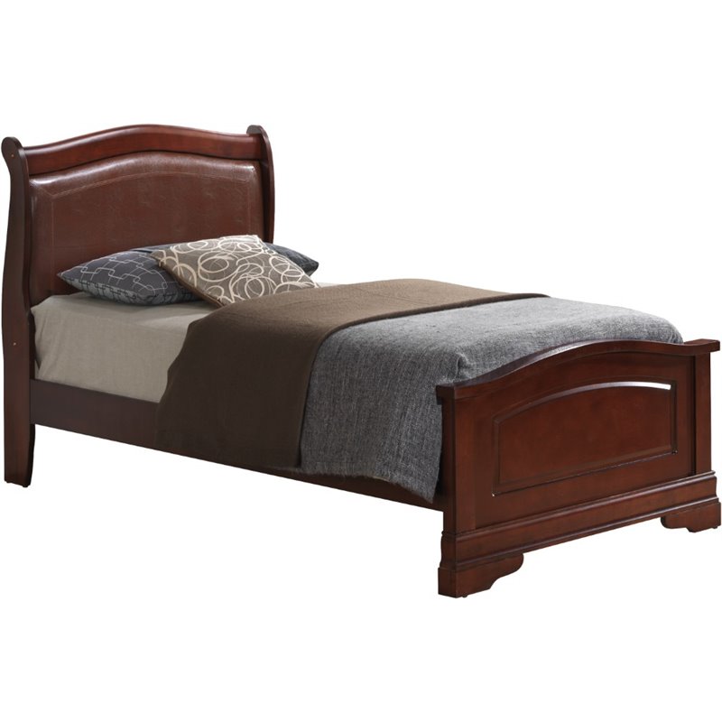 Maklaine Padded Headboard with Solid Wood Trim Twin Panel Bed in Cherry