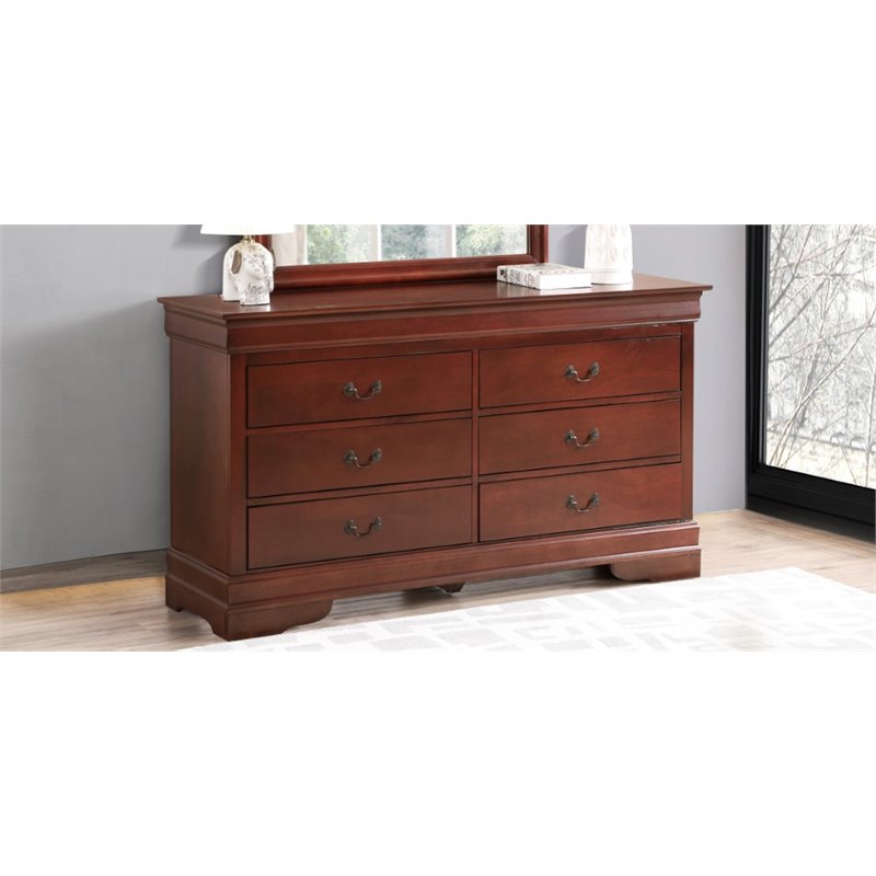 Maklaine Contemporary 6 Dovetailed Drawers Dresser in Cherry