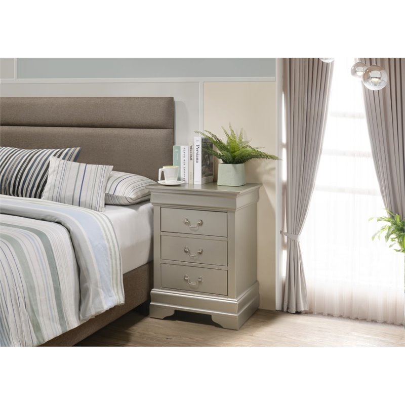 Maklaine Contemporary 3 Drawer Nightstand in Silver Champagne