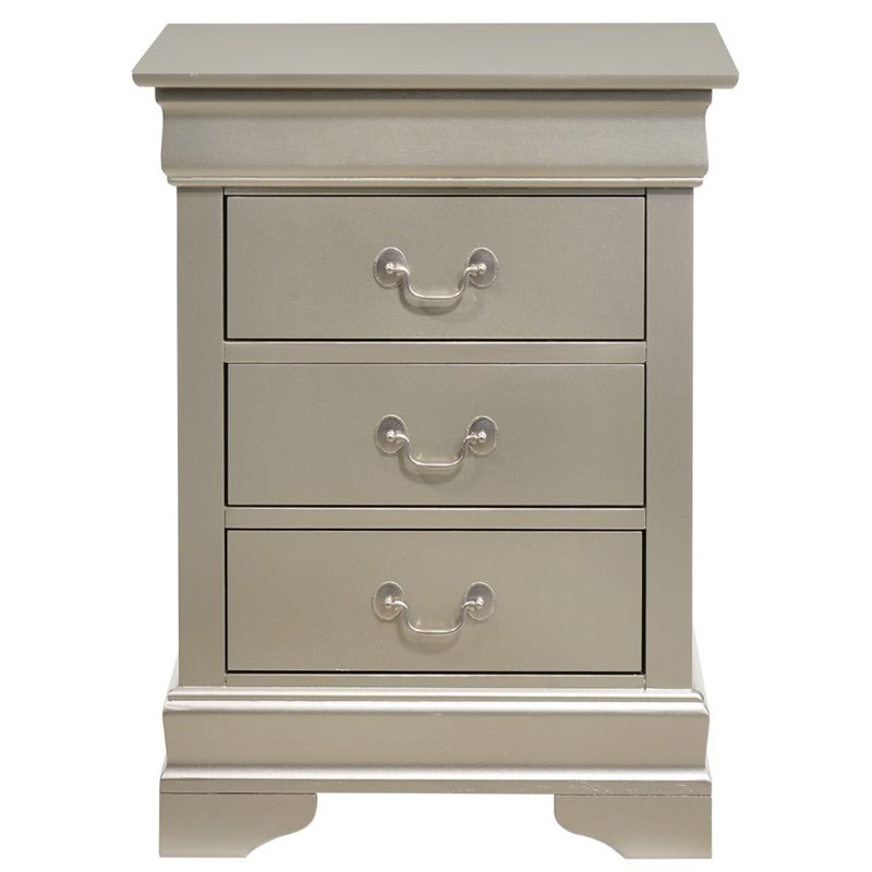 Maklaine Contemporary 3 Drawer Nightstand in Silver Champagne