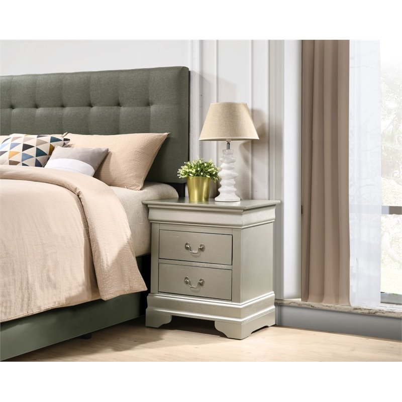 Maklaine Contemporary 2 Drawer Nightstand in Silver Champagne