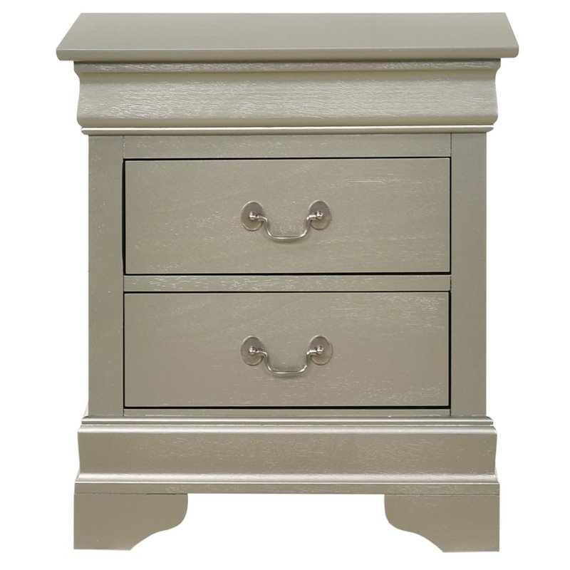 Maklaine Contemporary 2 Drawer Nightstand in Silver Champagne