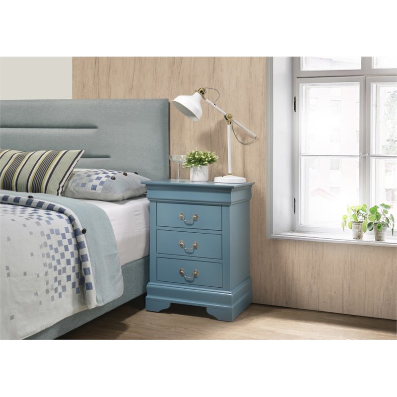 Maklaine Contemporary 3 Dovetailed Drawers Nightstand in Teal
