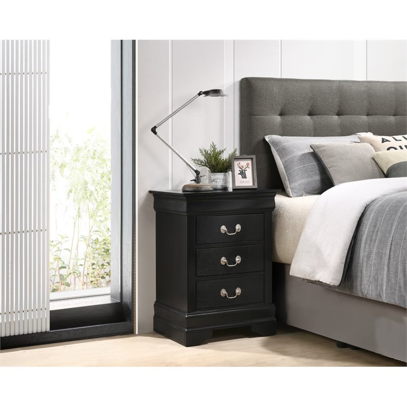 Maklaine Contemporary Wood Veneers 3 Dovetailed Drawers Nightstand in Black