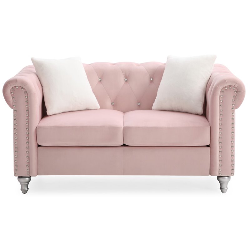Maklaine Contemporary Jeweled Tufted Micro Suede Velvet Loveseat in Pink