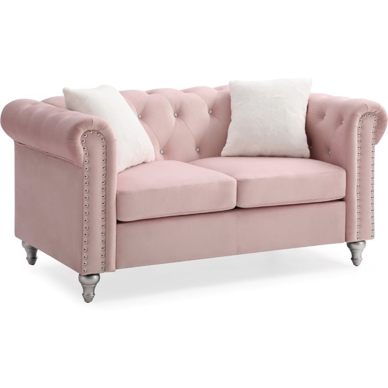 Maklaine Contemporary Jeweled Tufted Micro Suede Velvet Loveseat in Pink