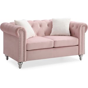 Maklaine Contemporary Jeweled Tufted Micro Suede Velvet Loveseat in Pink