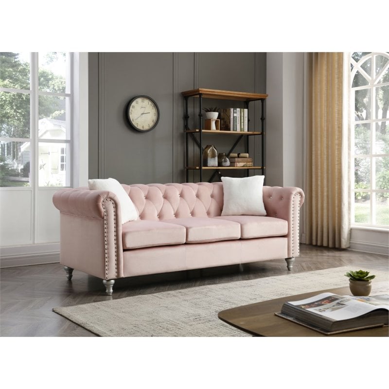 Maklaine Contemporary Jeweled Tufted Micro Suede Velvet Sofa in Pink