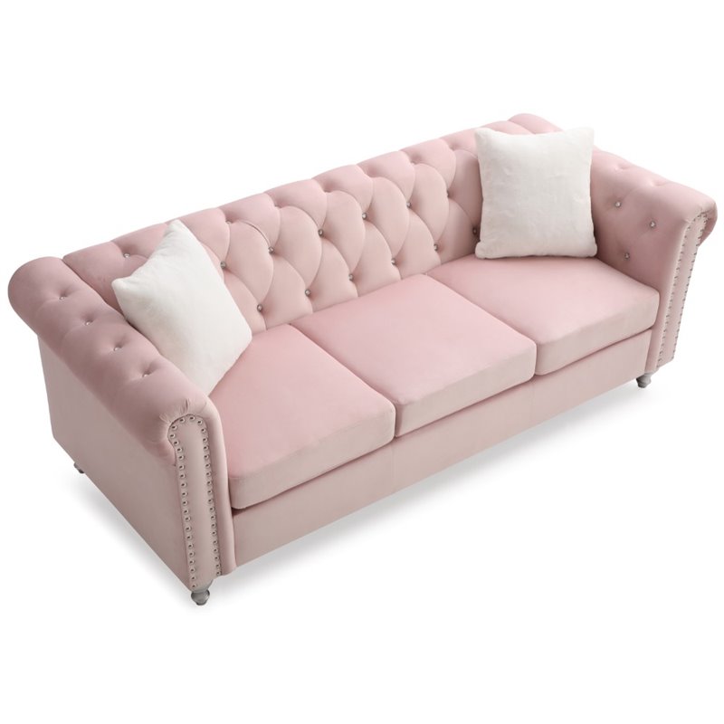 Maklaine Contemporary Jeweled Tufted Micro Suede Velvet Sofa in Pink