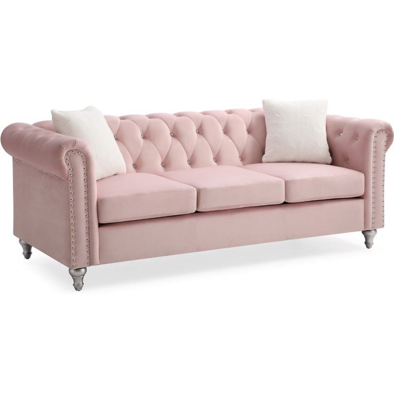 Maklaine Contemporary Jeweled Tufted Micro Suede Velvet Sofa in Pink