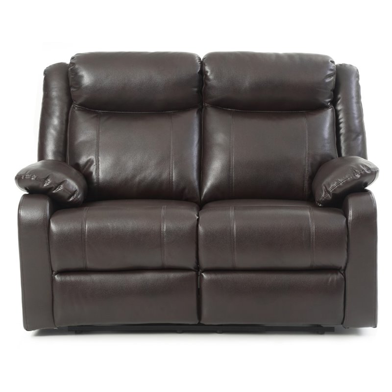 Maklaine Faux Leather Double Reclining Loveseat in Dark Brown