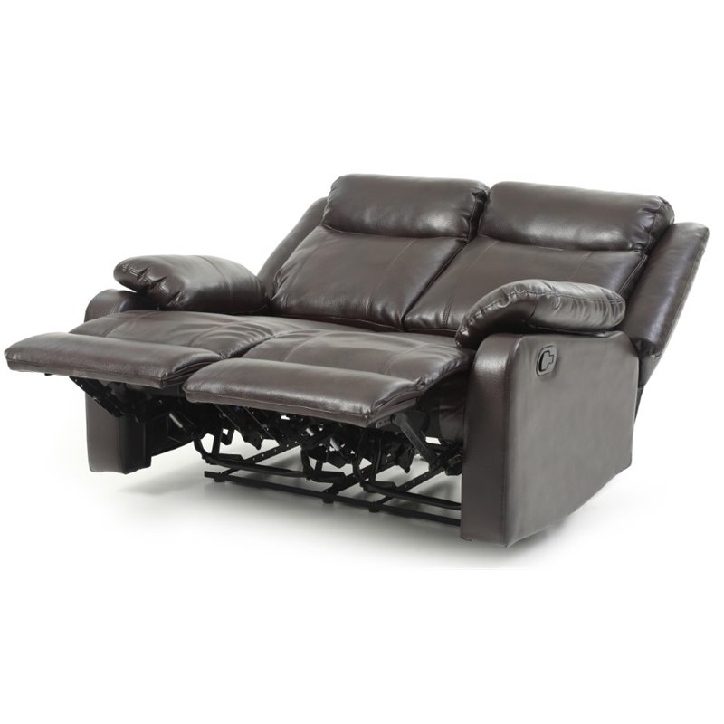 Maklaine Faux Leather Double Reclining Loveseat in Dark Brown
