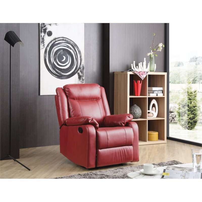 Maklaine Contemporary Faux Leather Rocker Recliner in Red Finish