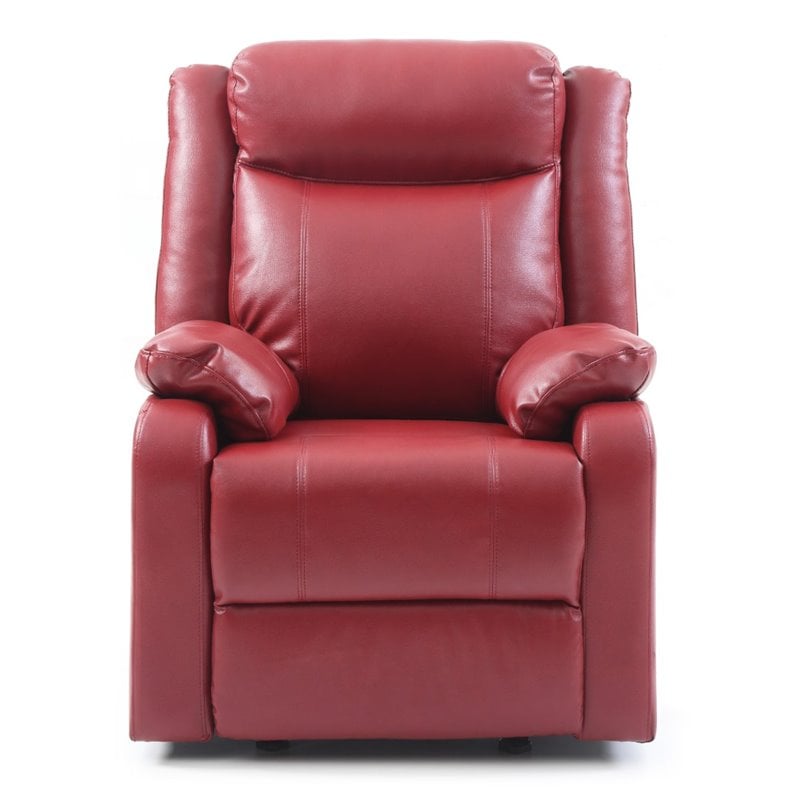 Maklaine Contemporary Faux Leather Rocker Recliner in Red Finish