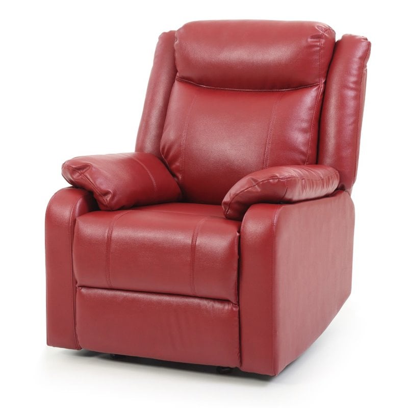Maklaine Contemporary Faux Leather Rocker Recliner in Red Finish