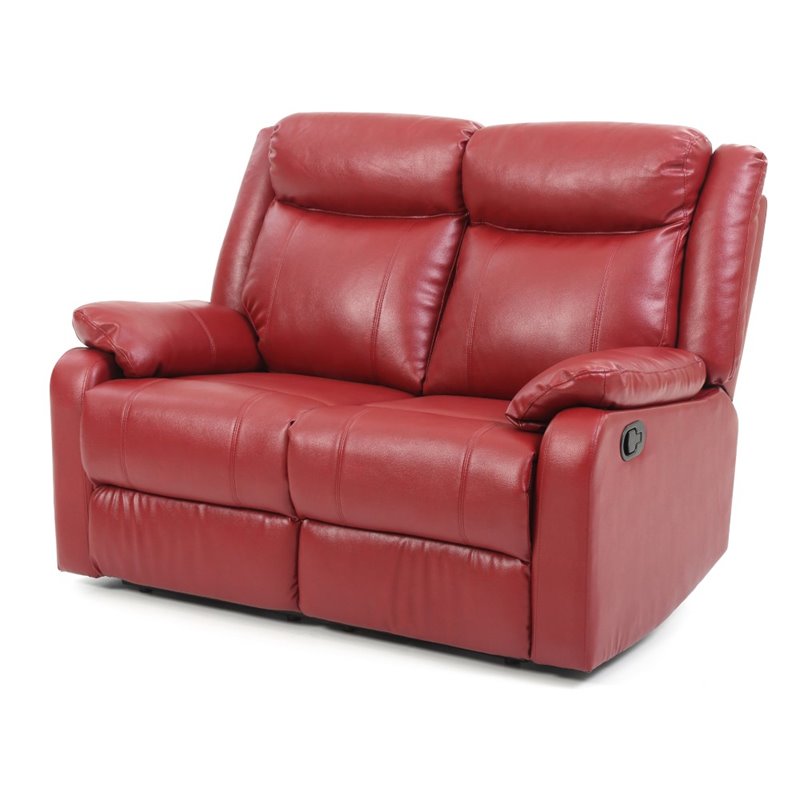 Maklaine Modern Faux Leather Double Reclining Loveseat in Red