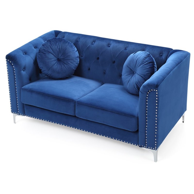 Maklaine Velvet Loveseat in Navy Blue with Chrome Legs and Nailheads