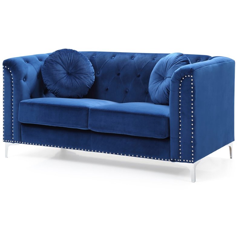 Maklaine Velvet Loveseat in Navy Blue with Chrome Legs and Nailheads