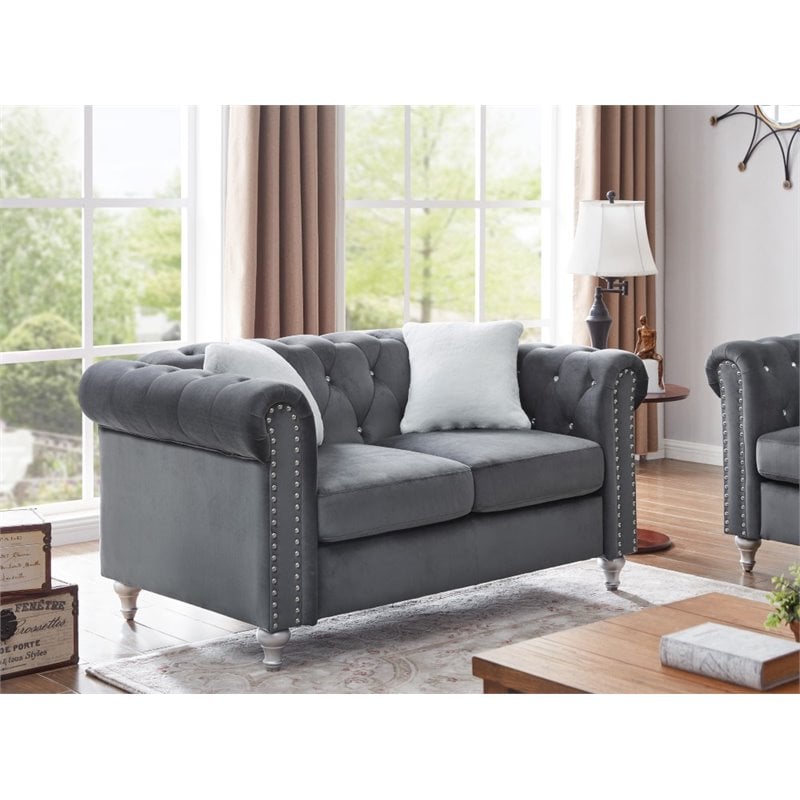 Maklaine Contemporary Jeweled Tufted Micro Suede Velvet Loveseat in Gray