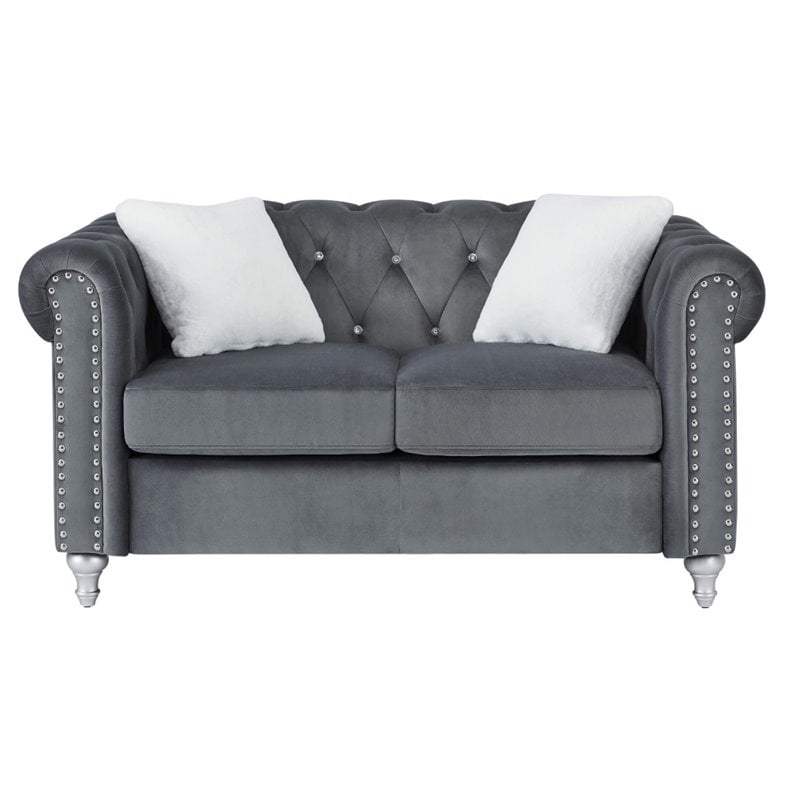 Maklaine Contemporary Jeweled Tufted Micro Suede Velvet Loveseat in Gray
