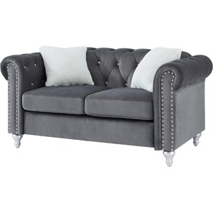 Maklaine Contemporary Jeweled Tufted Micro Suede Velvet Loveseat in Gray