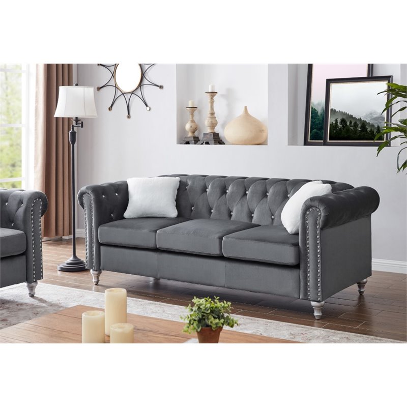 Maklaine Contemporary Jeweled Tufted Micro Suede Velvet Sofa in Gray