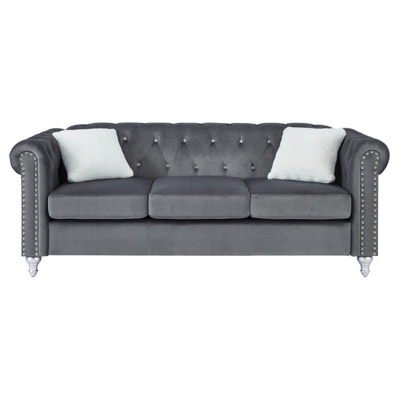 Maklaine Contemporary Jeweled Tufted Micro Suede Velvet Sofa in Gray