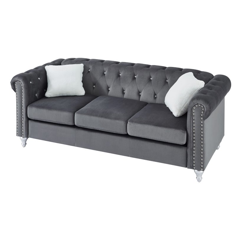 Maklaine Contemporary Jeweled Tufted Micro Suede Velvet Sofa in Gray