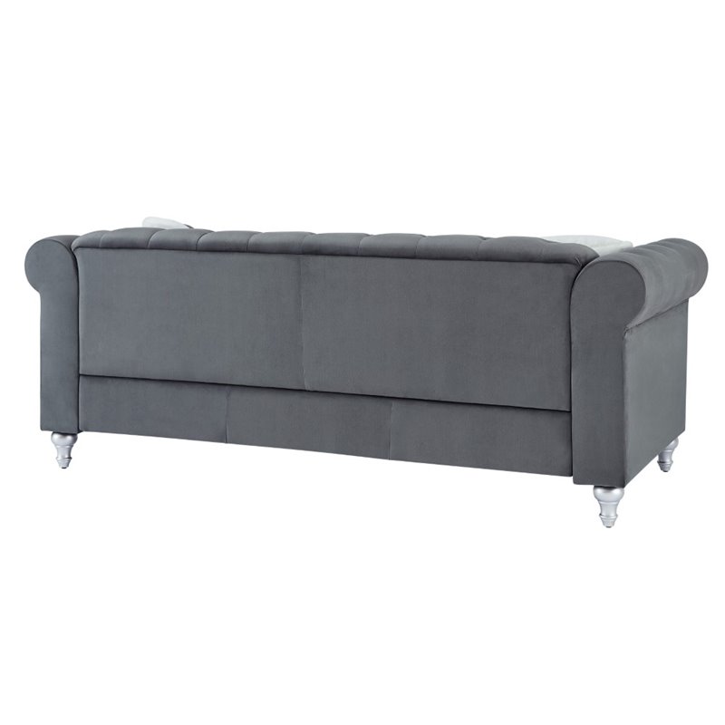 Maklaine Contemporary Jeweled Tufted Micro Suede Velvet Sofa in Gray