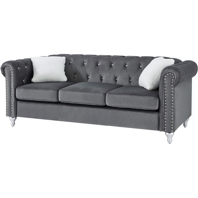 Maklaine Contemporary Jeweled Tufted Micro Suede Velvet Sofa in Gray