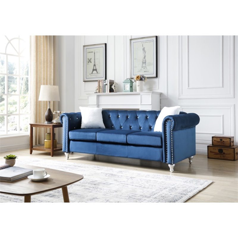 Maklaine Contemporary Jeweled Tufted Micro Suede Velvet Sofa in Navy Blue
