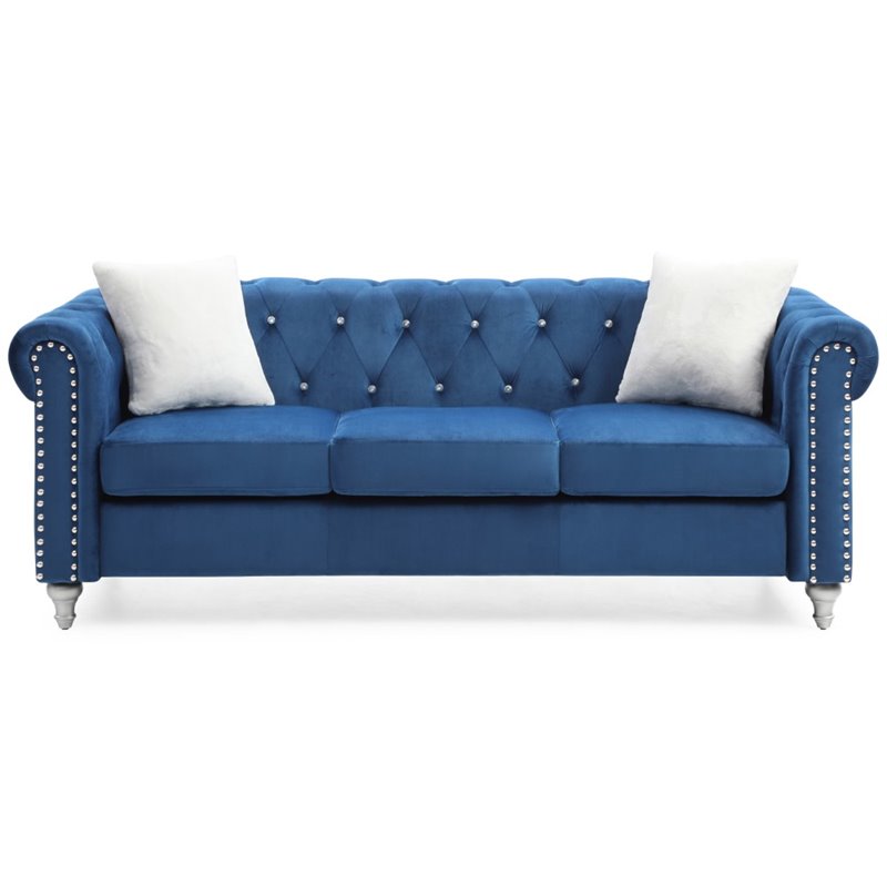 Maklaine Contemporary Jeweled Tufted Micro Suede Velvet Sofa in Navy Blue