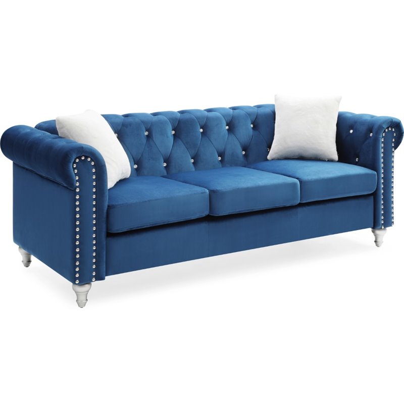 Maklaine Contemporary Jeweled Tufted Micro Suede Velvet Sofa in Navy Blue
