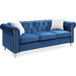 Maklaine Contemporary Jeweled Tufted Micro Suede Velvet Sofa in Navy Blue