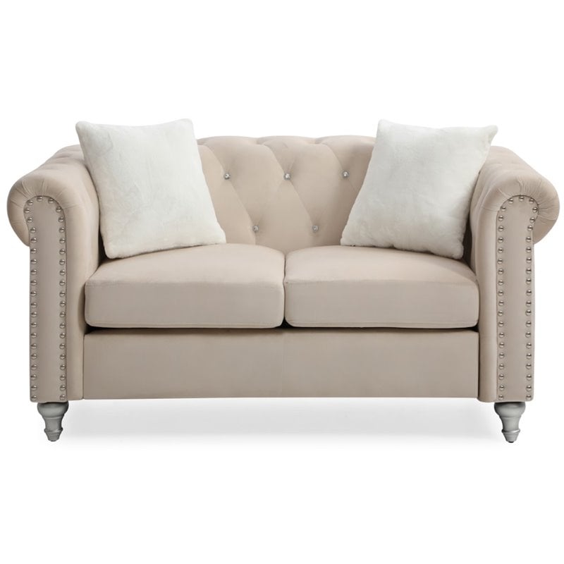 Maklaine Contemporary Jeweled Tufted Micro Suede Velvet Loveseat in Beige