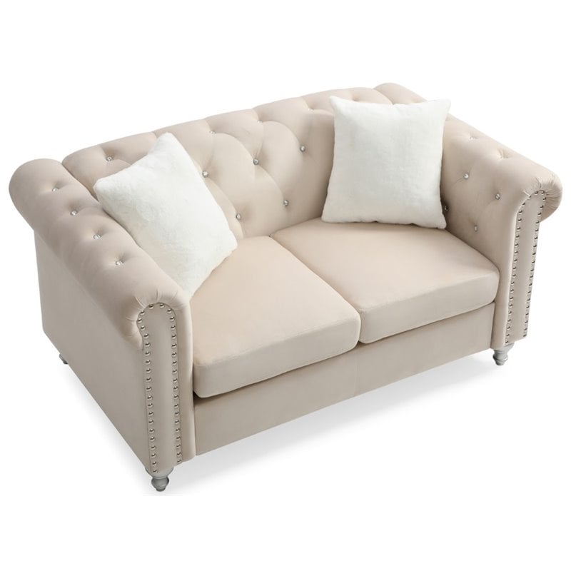 Maklaine Contemporary Jeweled Tufted Micro Suede Velvet Loveseat in Beige