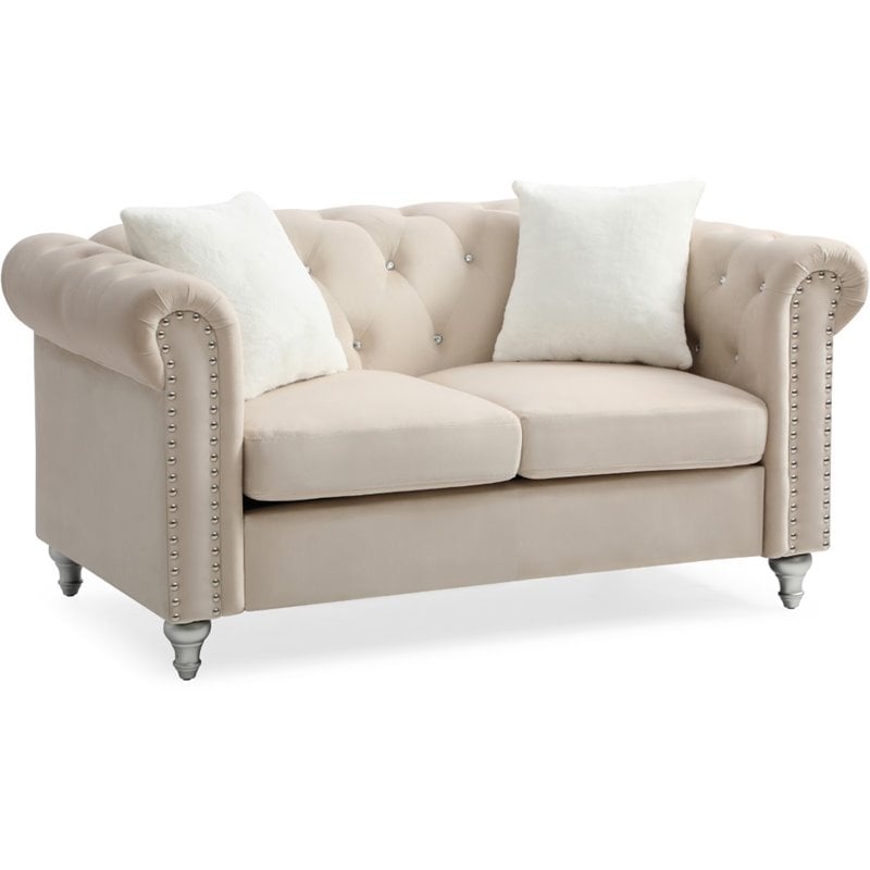 Maklaine Contemporary Jeweled Tufted Micro Suede Velvet Loveseat in Beige