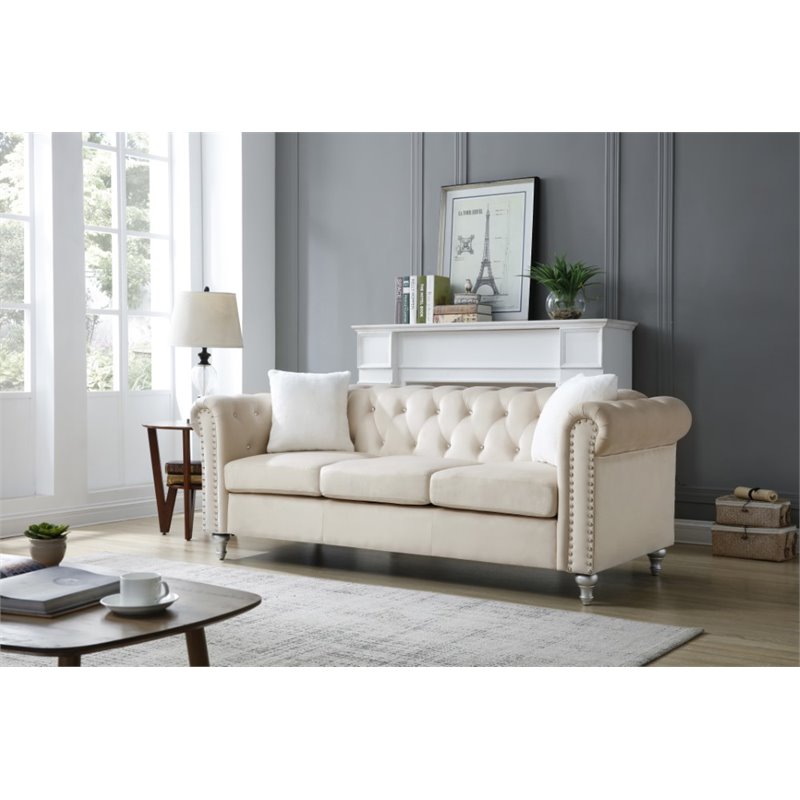 Maklaine Contemporary Jeweled Tufted Micro Suede Velvet Sofa in Beige
