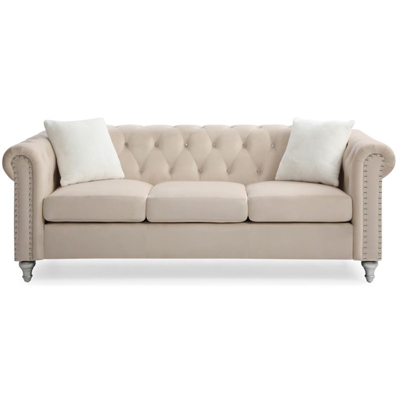Maklaine Contemporary Jeweled Tufted Micro Suede Velvet Sofa in Beige