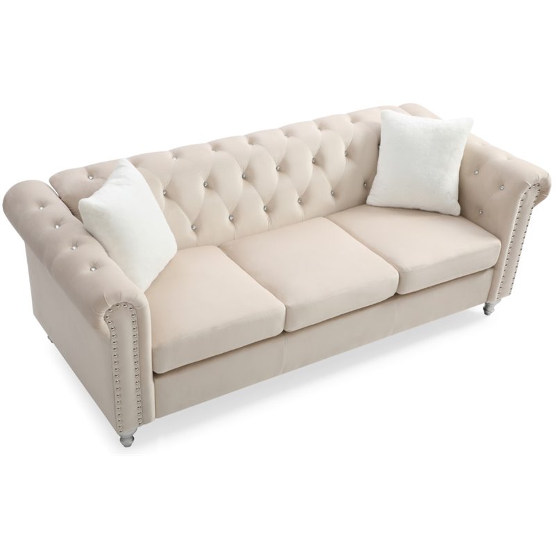 Maklaine Contemporary Jeweled Tufted Micro Suede Velvet Sofa in Beige
