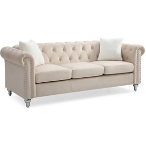 Maklaine Contemporary Jeweled Tufted Micro Suede Velvet Sofa in Beige