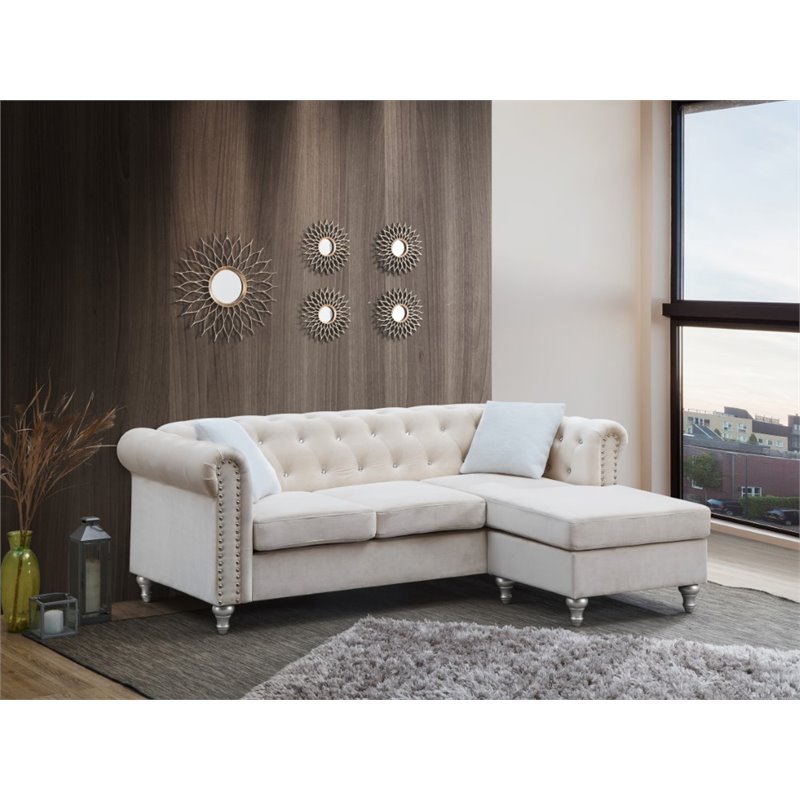 Maklaine Modern / Contemporary Soft Velvet Sofa Chaise in Ivory