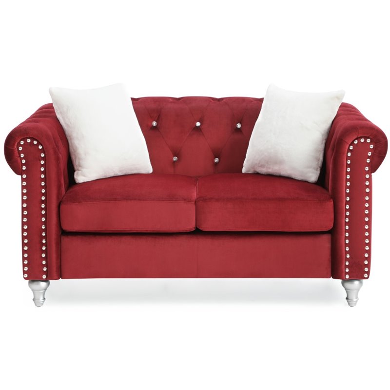 Maklaine Contemporary Jeweled Tufted Micro Suede Velvet Loveseat in Burgundy