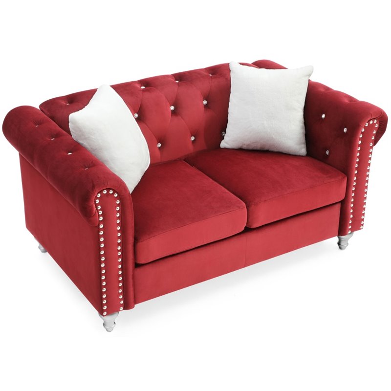 Maklaine Contemporary Jeweled Tufted Micro Suede Velvet Loveseat in Burgundy